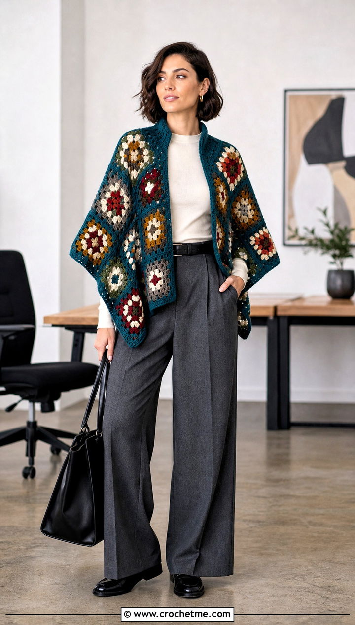 Granny Square Crochet Clint Eastwood Poncho With Tailored Trousers - 15 Crochet Clint Eastwood Poncho outfit ideas