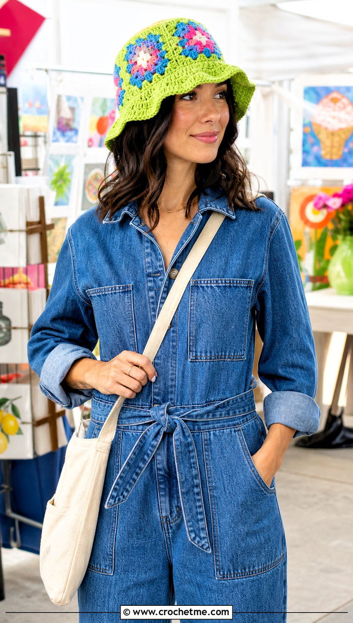Granny Square Crochet Cloche Hat With Denim Jumpsuit - 25 flapper style crochet cloche hat outfit ideas