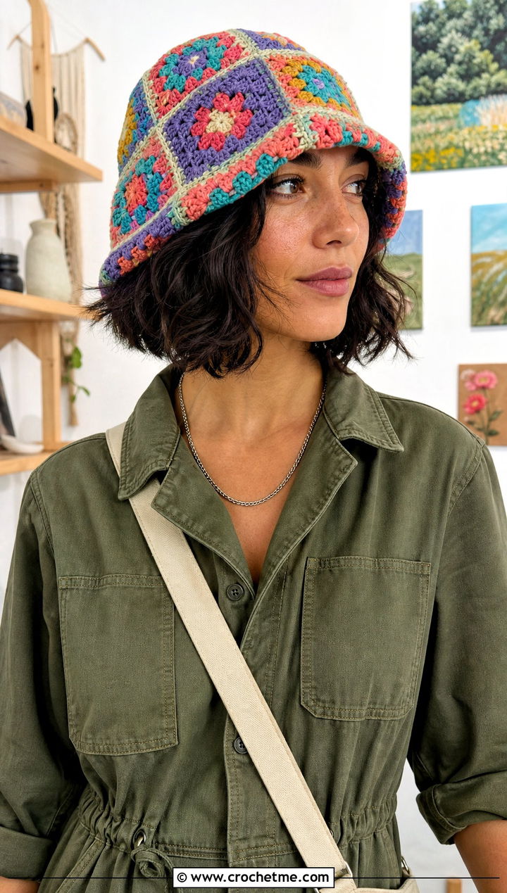 Granny Square Crochet Cloche Hat With Utility Jumpsuit - 25 Cloche Crochet Hat outfit ideas