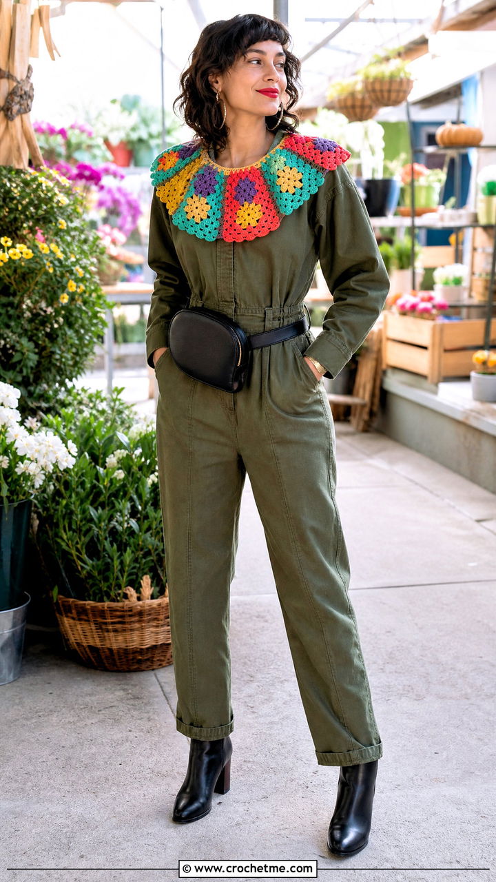 Granny Square Crochet Clown Collar With Utility Jumpsuit - 35 crochet clown collar outfit ideas