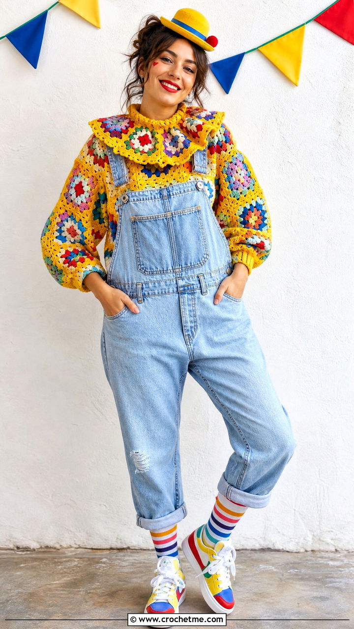 Granny Square Crochet Clown Costume With Denim Overalls - 35 crochet clown costume outfit ideas
