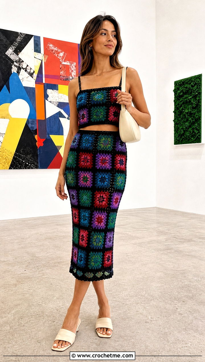 Granny Square Crochet Co Ord Set With Simple Accessories - 25 women crochet clothes and outfit ideas