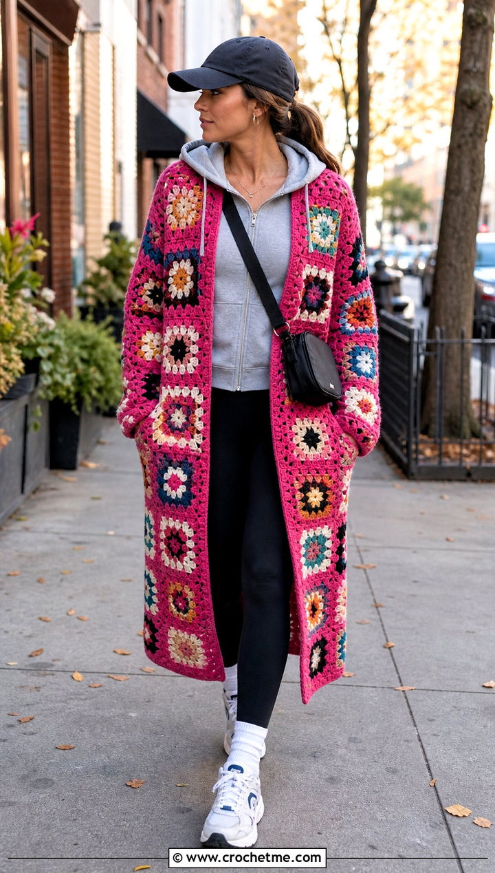 Granny Square Crochet Coat With Hoodie And Leggings - 35 cute crochet clothes ideas