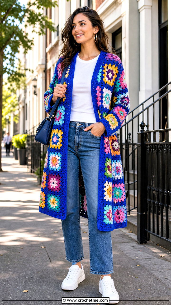 Granny Square Crochet Coat With Jeans And Sneakers - 35 crochet coat outfit ideas