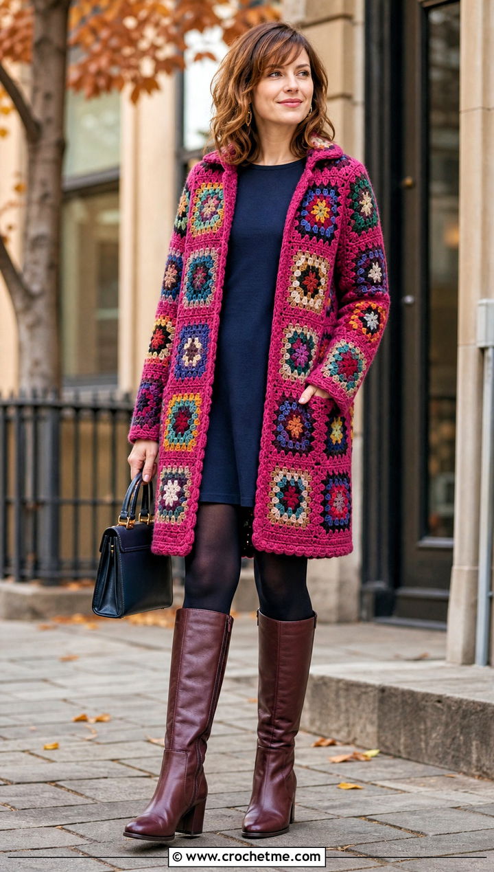 Granny Square Crochet Coat With Mini Dress - 15 crochet vest coats & jackets outfit ideas