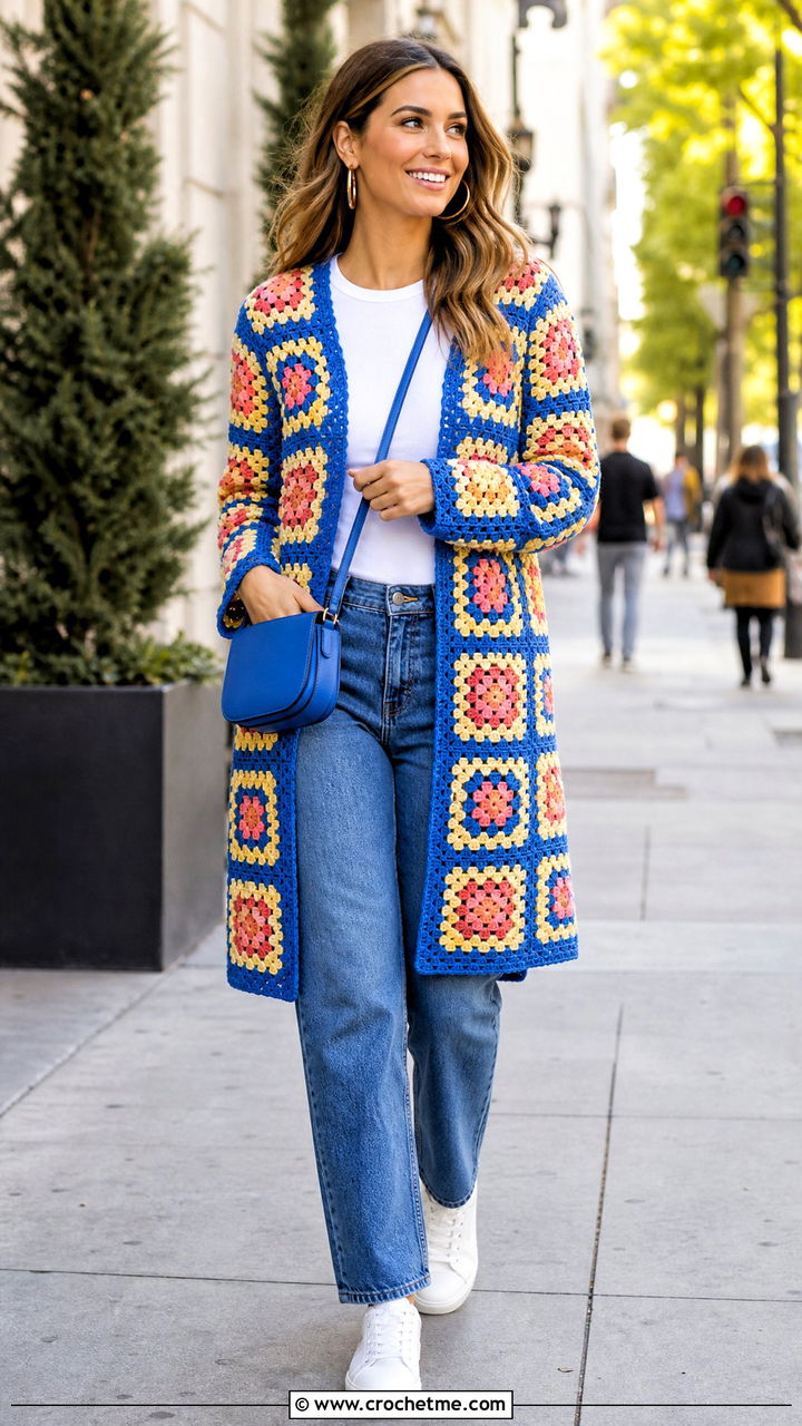 Granny Square Crochet Coat With Straight Leg Jeans - 35 crochet coats outfit ideas