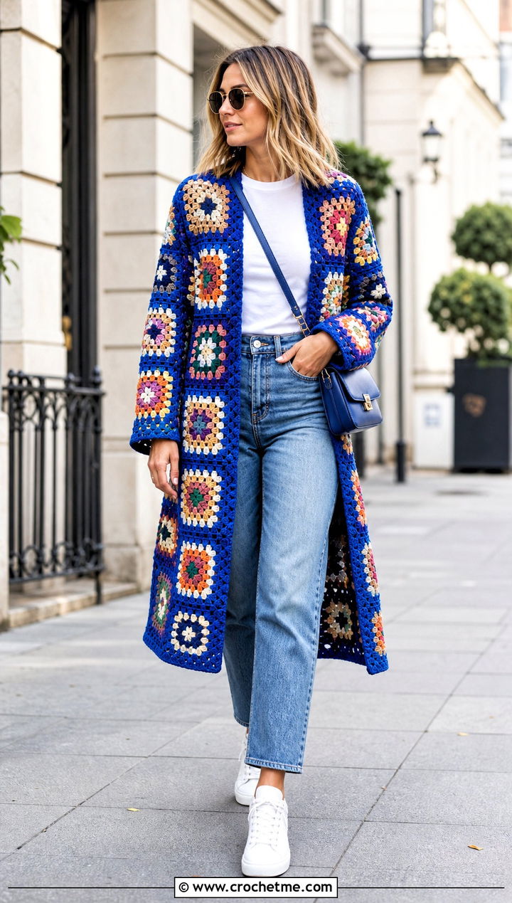 Granny Square Crochet Coat With Straight Leg Jeans - 25 crochet coat ideas