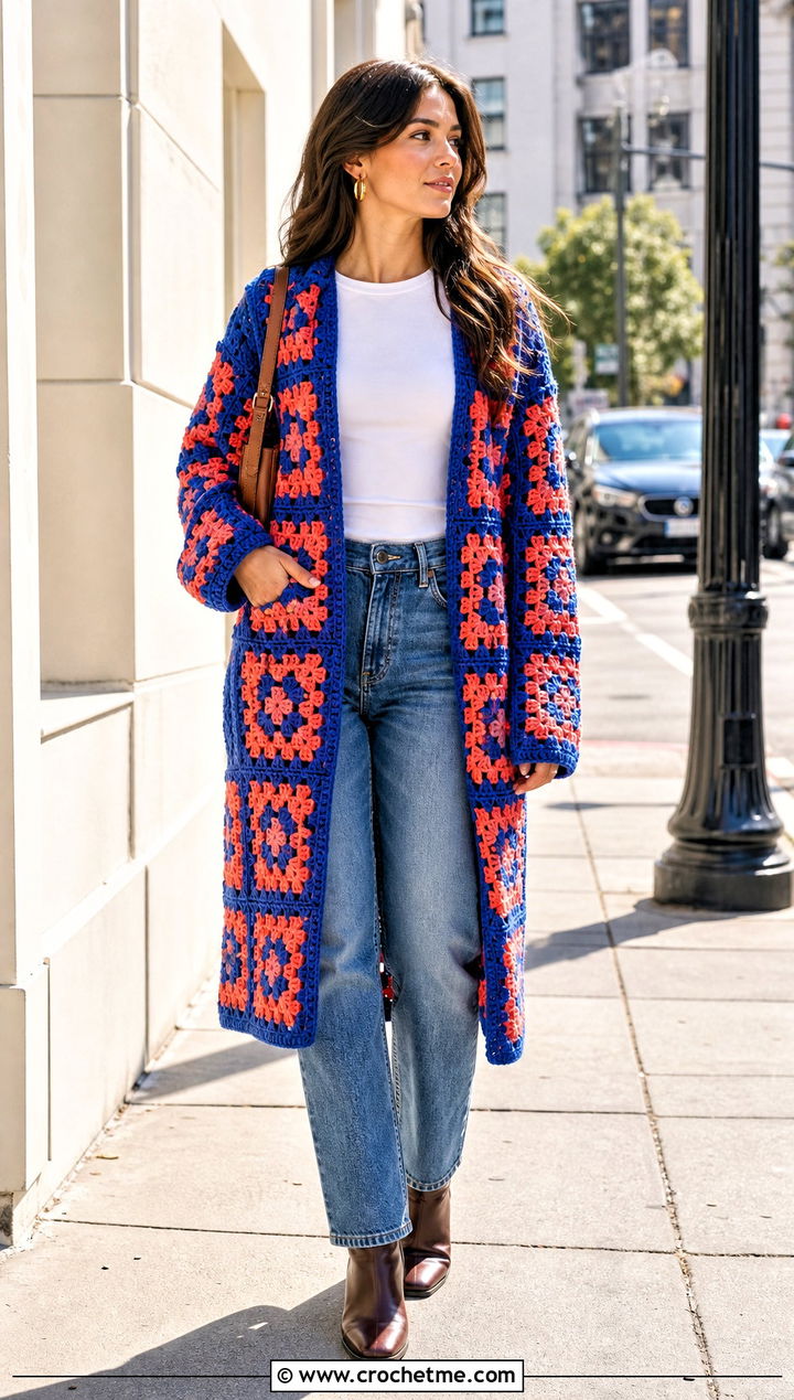 Granny Square Crochet Coat With Straight Leg Jeans - 25 Crochet Coat For Women outfit ideas