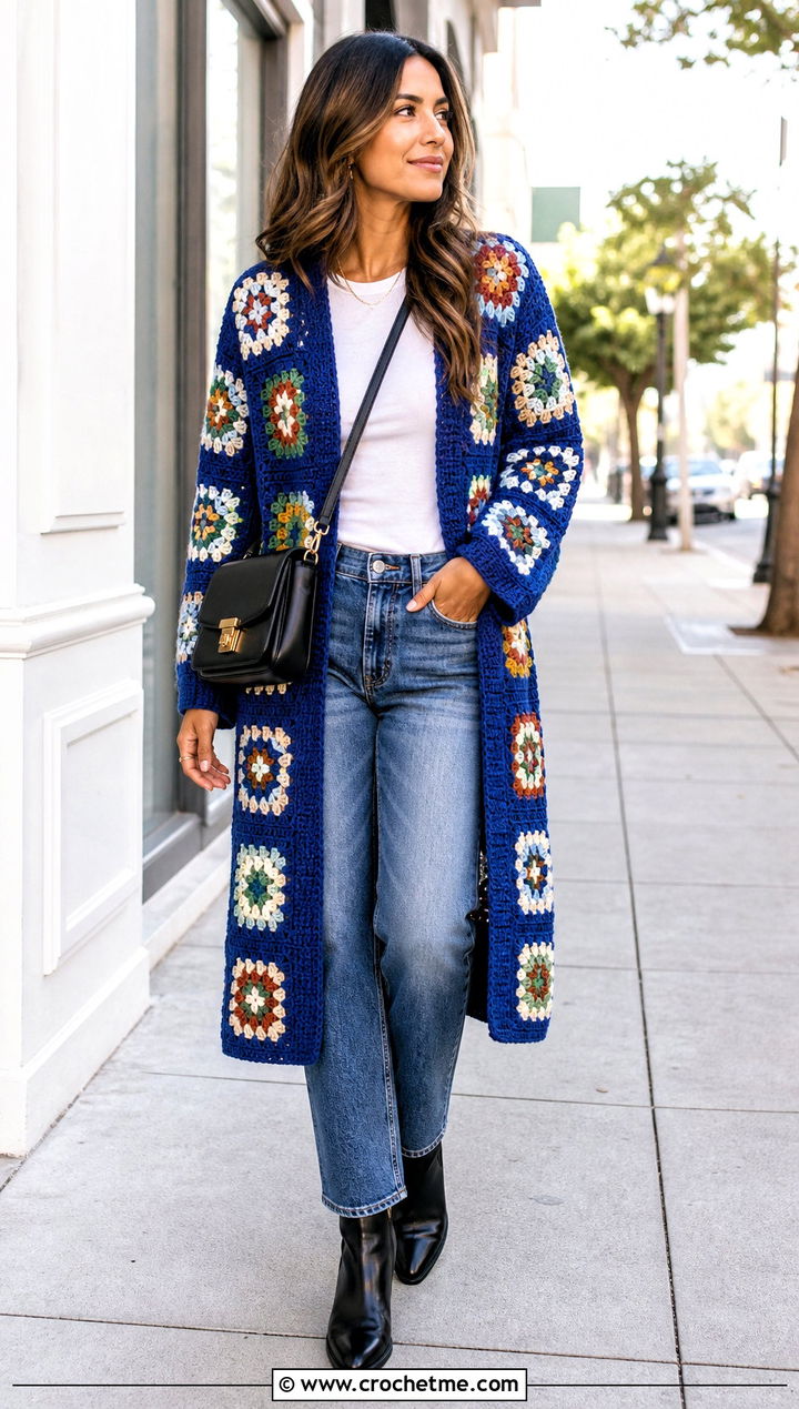 Granny Square Crochet Coat With Straight Leg Jeans - 15 beginner crochet coat outfit ideas