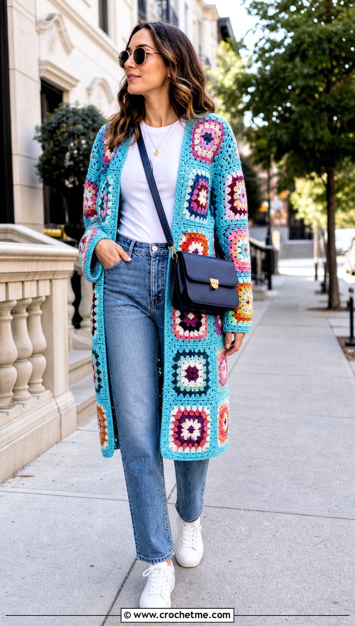 Granny Square Crochet Coat With Straight Leg Jeans - 30 women crochet coat outfit ideas