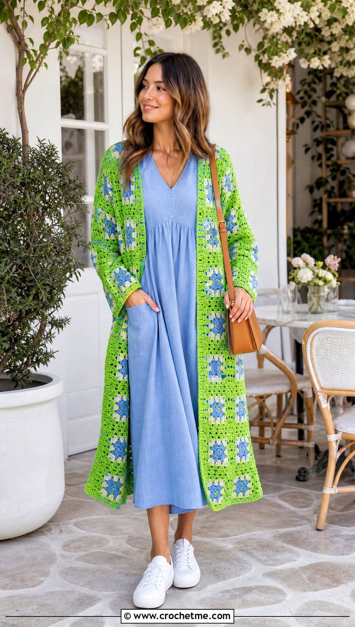 Granny Square Crochet Coatigan With Midi Dress - 25 Granny Square Crochet Coat outfit ideas