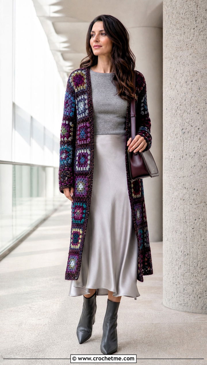 Granny Square Crochet Coatigan With Satin Midi Skirt - 15 Granny Square Crochet Coats & Jackets outfit ideas