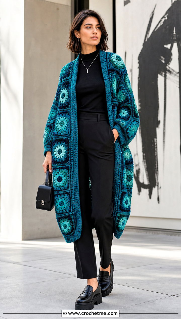 Granny Square Crochet Cocoon Cardigan With Black Basics - 15 Easy Crochet Cocoon Cardigan outfit ideas