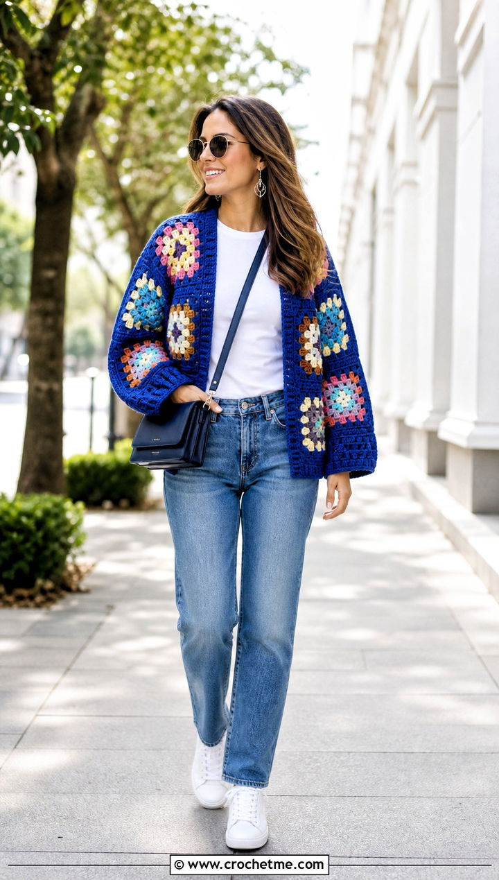 Granny Square Crochet Cocoon Shrug With Straight Leg Jeans - 25 Easy Crochet Cocoon Shrug outfit ideas