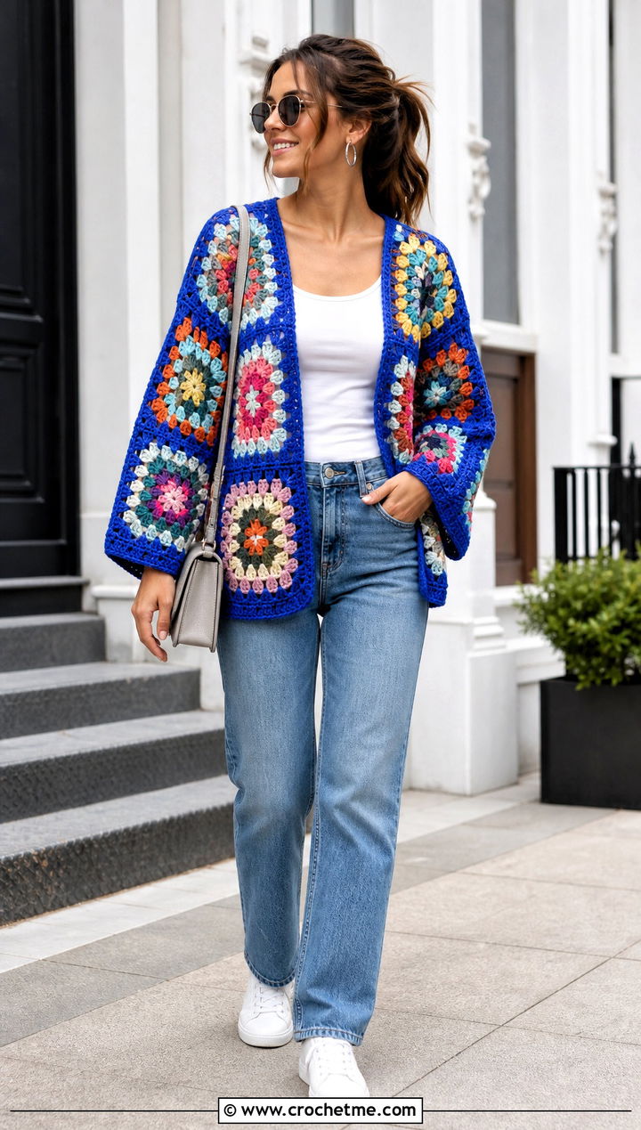 Granny Square Crochet Cocoon Shrug With Straight Leg Jeans - 30 crochet cocoon shrug outfit ideas