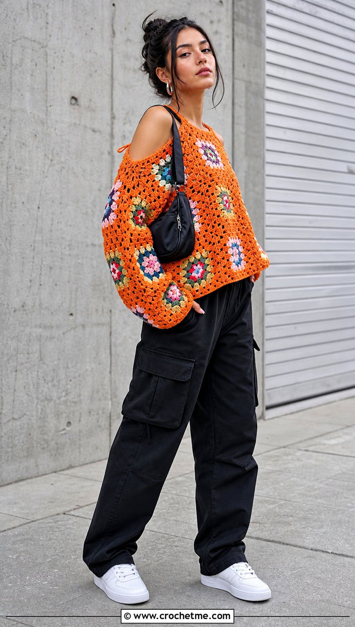 Granny Square Crochet Cold Shoulder Sweater With Black Cargo Pants - 25 Crochet Cold Shoulder Sweater outfit ideas