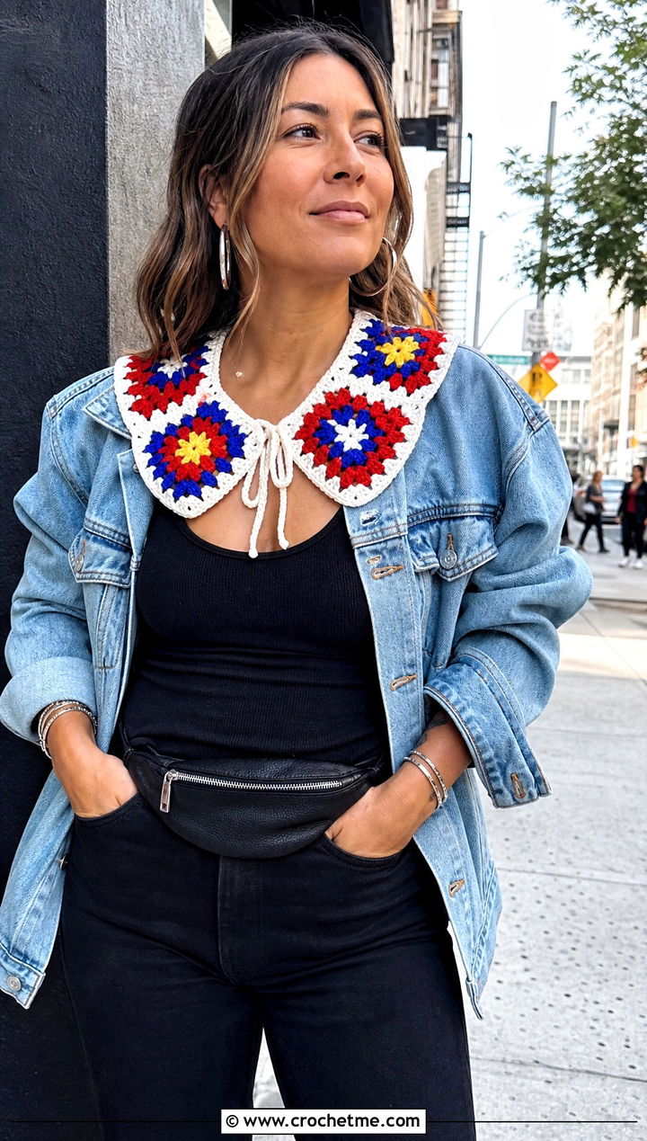 Granny Square Crochet Collar With Denim Jacket - 15 beginner crochet collar outfit ideas