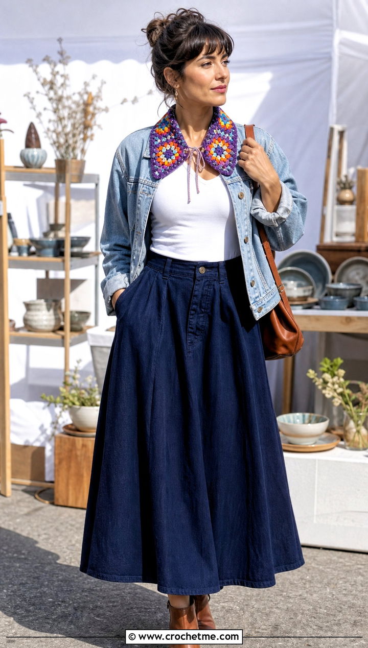 Granny Square Crochet Collar With Denim Jacket And Maxi Skirt - 15 Vintage Crochet Collar Design outfit ideas