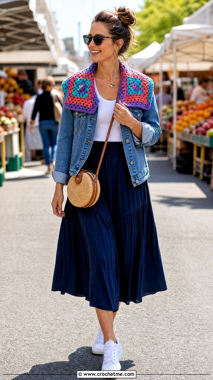 Granny Square Crochet Collar With Denim Jacket And Midi Skirt - 35 crochet collar outfit ideas