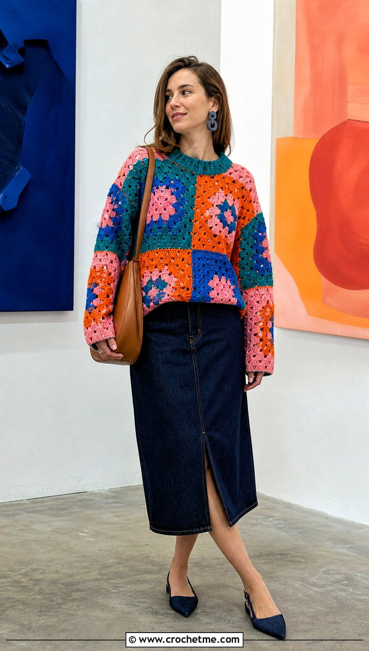 Granny Square Crochet Colorblock Sweater With Denim Midi Skirt - 30 crochet colorblock sweater outfit ideas