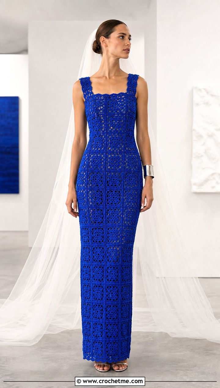 Granny Square Crochet Column Bridal Gown With Metallic Sandals - 15 Handmade Crochet Bridal Gown outfit ideas