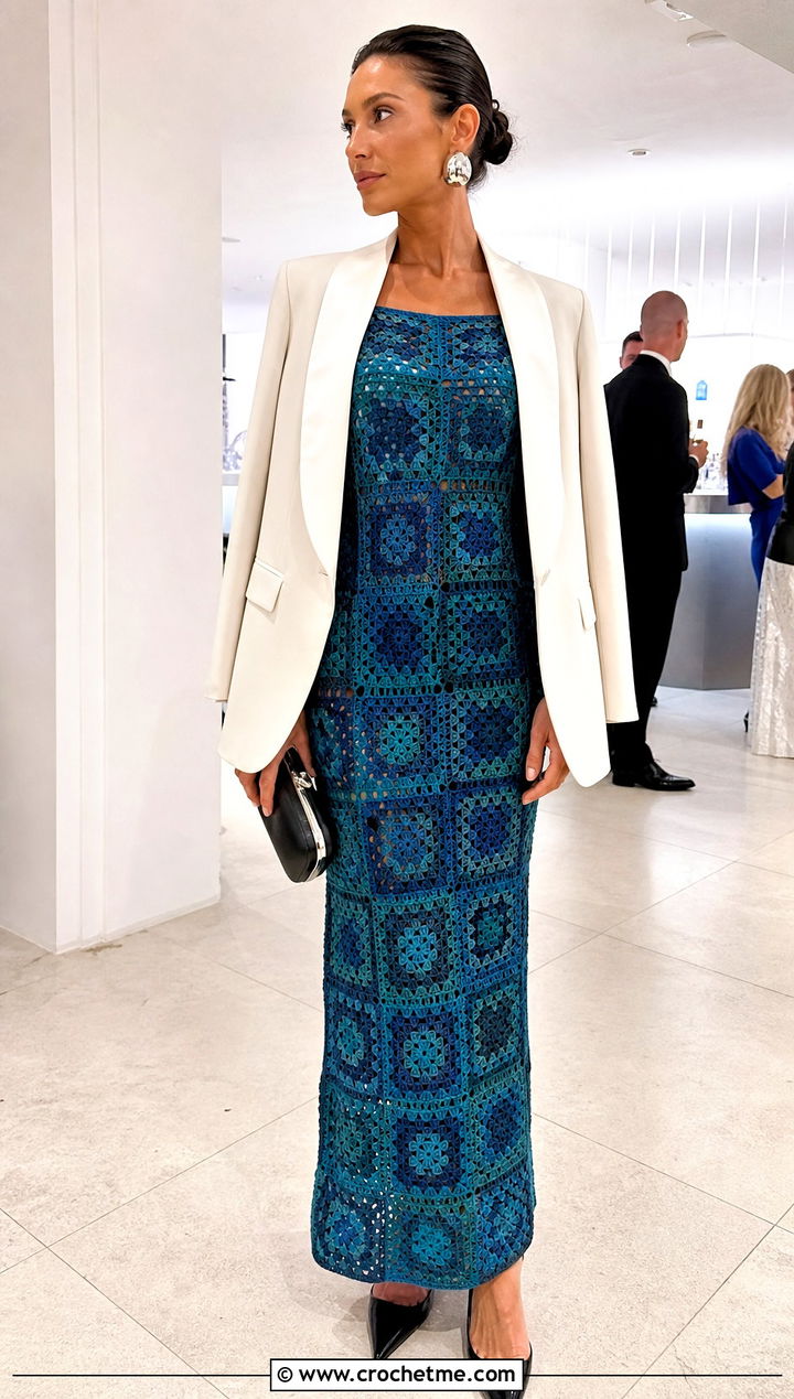 Granny Square Crochet Column Dress With Tuxedo Blazer - 25 Granny Square Crochet Dress outfit ideas