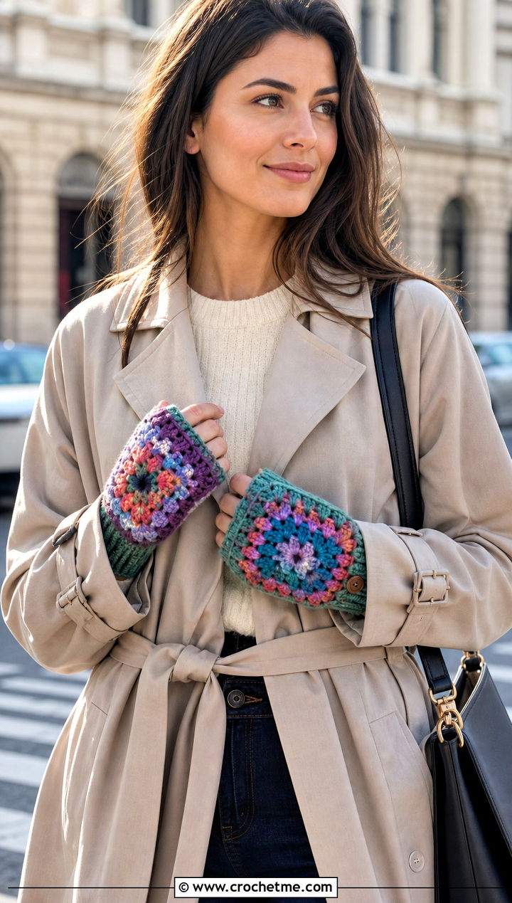 Granny Square Crochet Convertible Mittens With Trench Coat - 25 Crochet Convertible Mittens outfit ideas