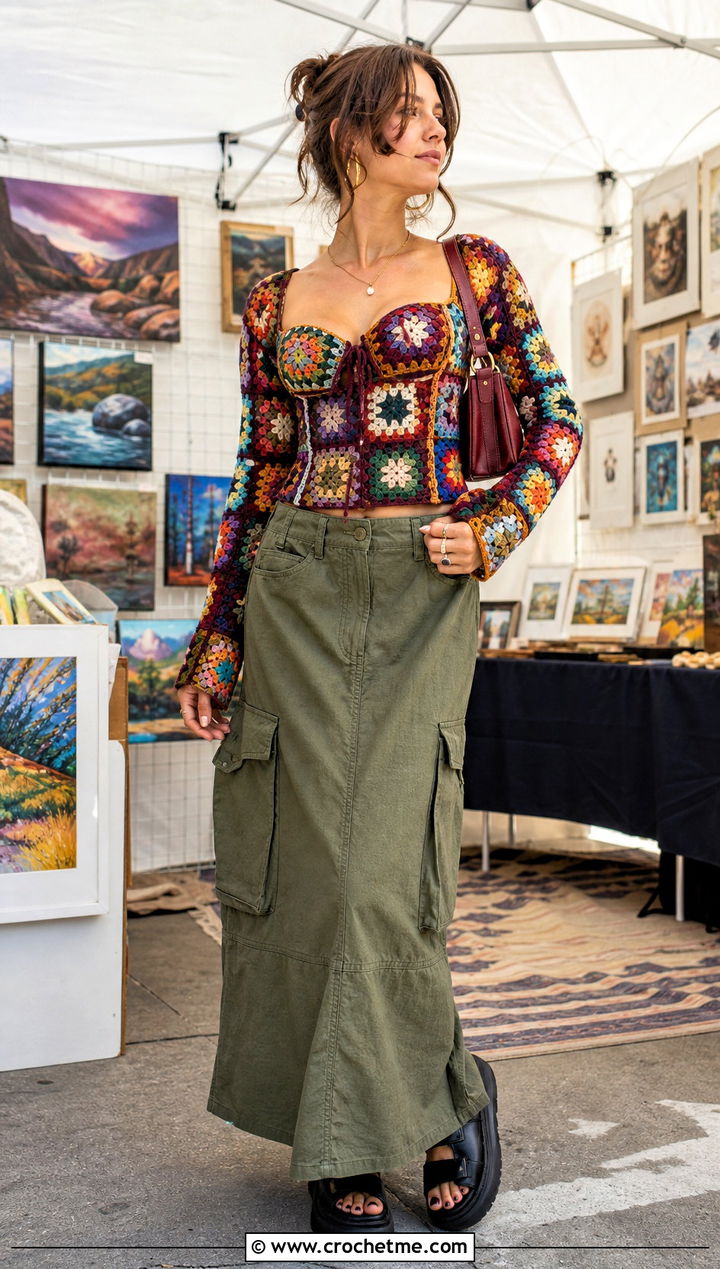 Granny Square Crochet Corset Top With Cargo Maxi Skirt - 25 crochet corset top with sleeves outfit ideas