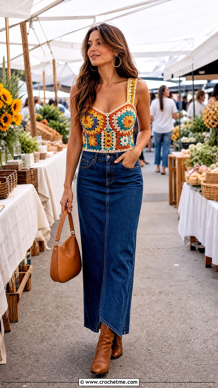 Granny Square Crochet Corset Top With Denim Maxi Skirt Granny Square Crochet Corset Top With Denim Maxi Skirt