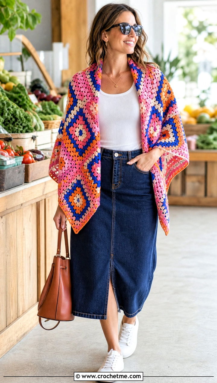 Granny Square Crochet Cotton Shawl With Denim Skirt - 15 Crochet Cotton Shawl outfit ideas