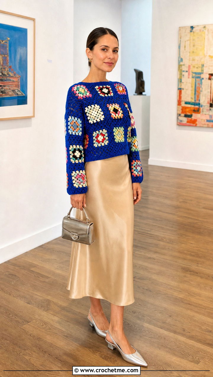 Granny Square Crochet Cotton Sweater With Satin Midi Skirt - 25 Crochet Cotton Sweater outfit ideas