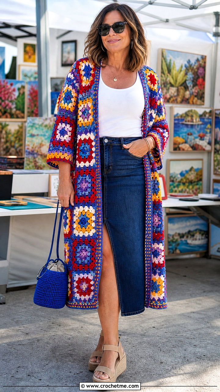 Granny Square Crochet Cover Up With Denim Skirt - 35 crochet cover up outfit ideas