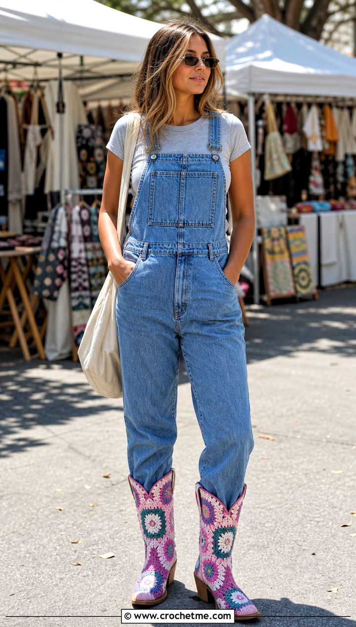 Granny Square Crochet Cowboy Boots With Denim Overalls - 25 Crochet Cowboy Boot outfit ideas