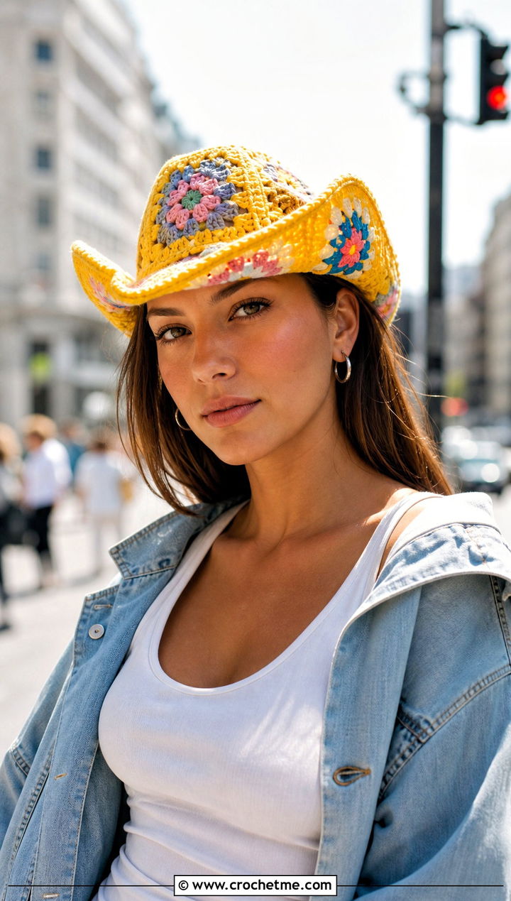 Granny Square Crochet Cowboy Hat With Denim Jacket - 25 crochet cowboy outfit ideas