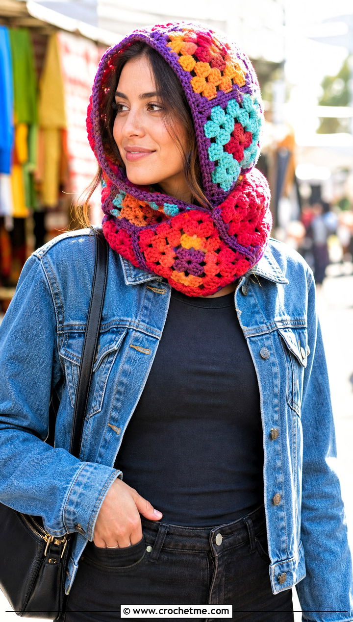 Granny Square Crochet Cowl Hat With Denim Jacket - 25 crochet cowl hat outfit ideas