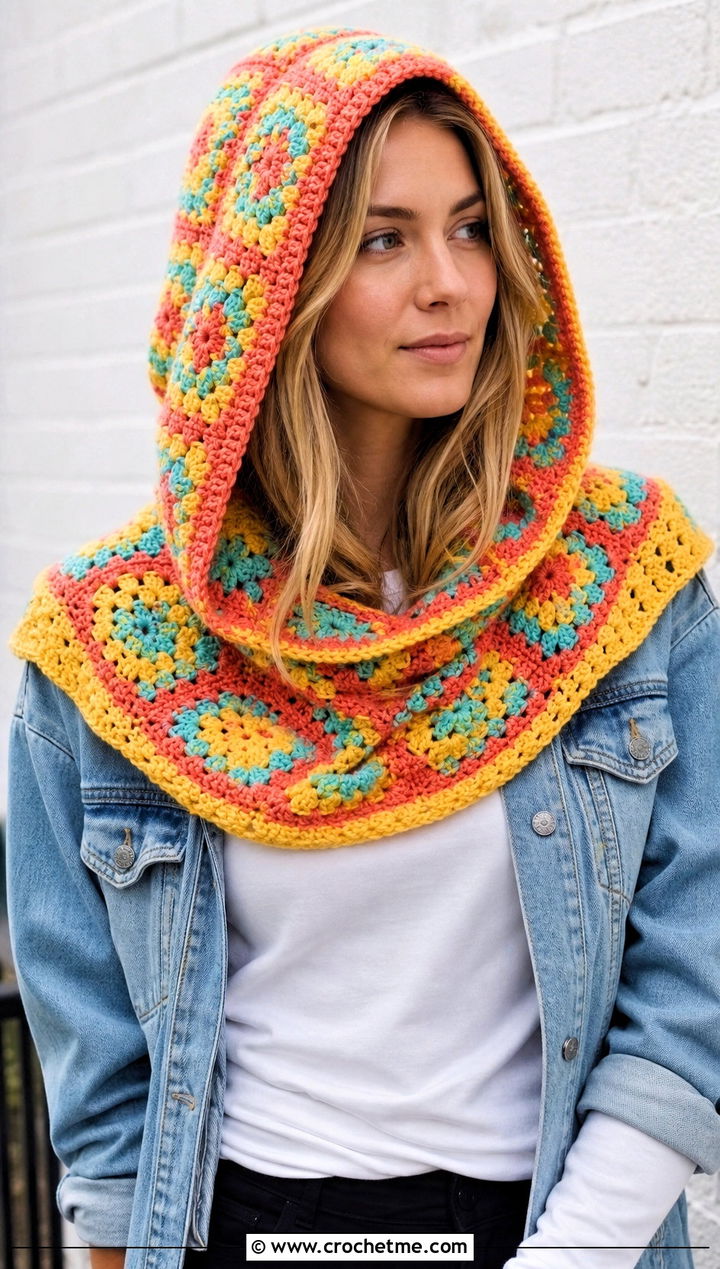Granny Square Crochet Cowl Hood With Denim Jacket - 25 crochet cowl hood outfit ideas