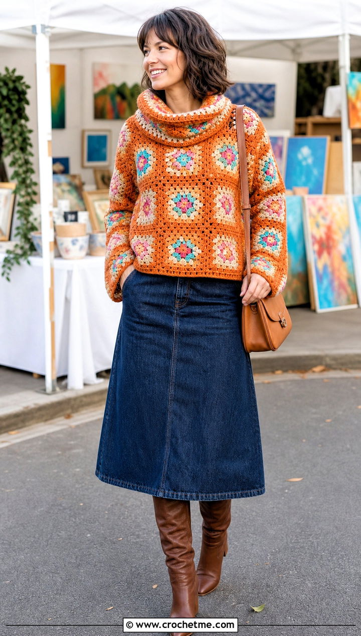 Granny Square Crochet Cowl Neck Sweater With Denim Skirt - 25 Crochet Cowl Neck Sweater outfit ideas