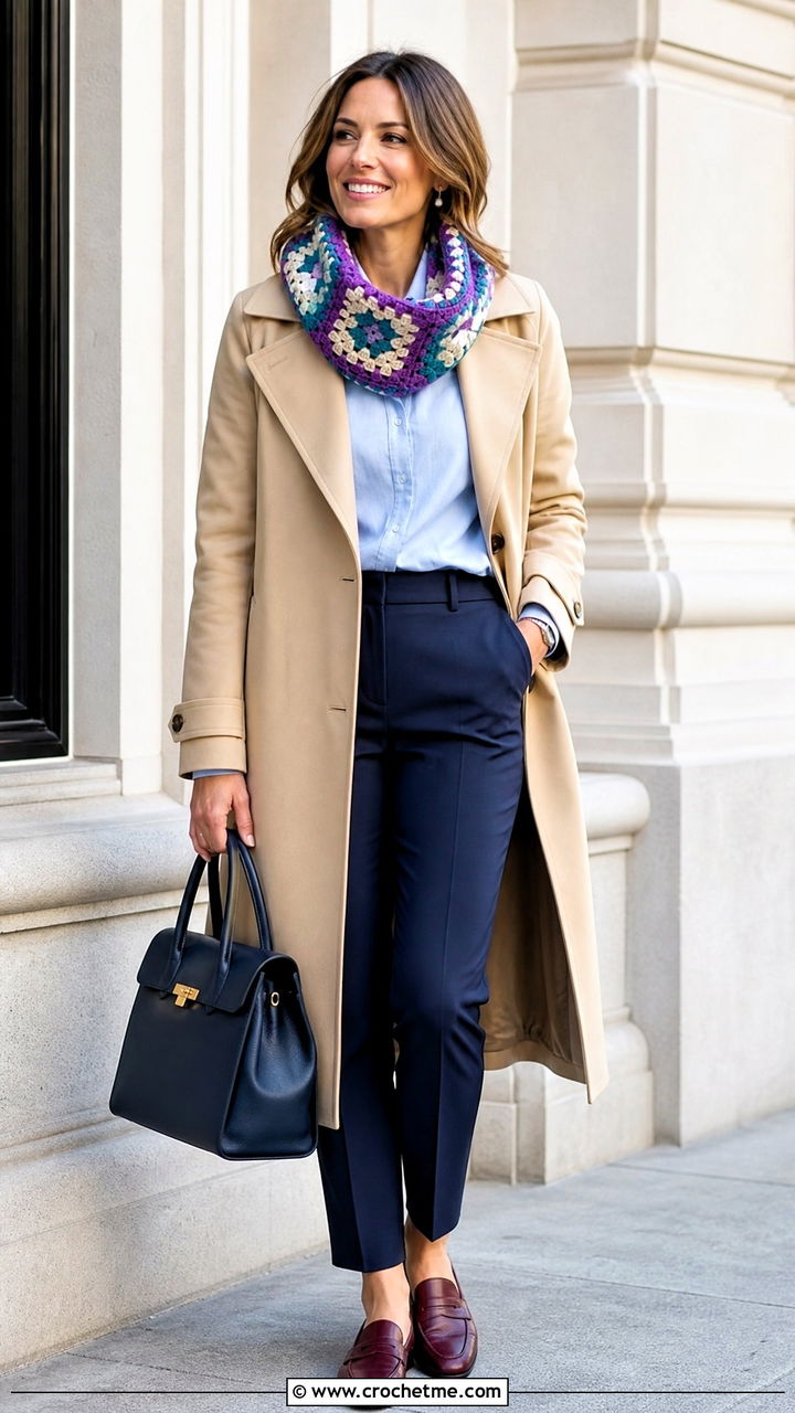 Granny Square Crochet Cowl Neck Warmer With Trench Coat Outfit - 35 crochet cowl neck warmer outfit ideas