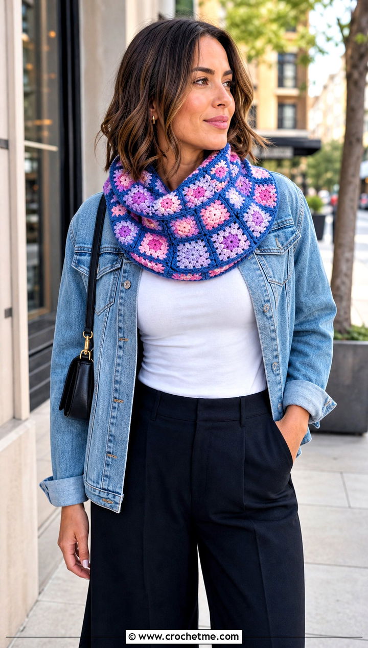 Granny Square Crochet Cowl With Denim Jacket - 25 cowl crochet scarf outfit ideas