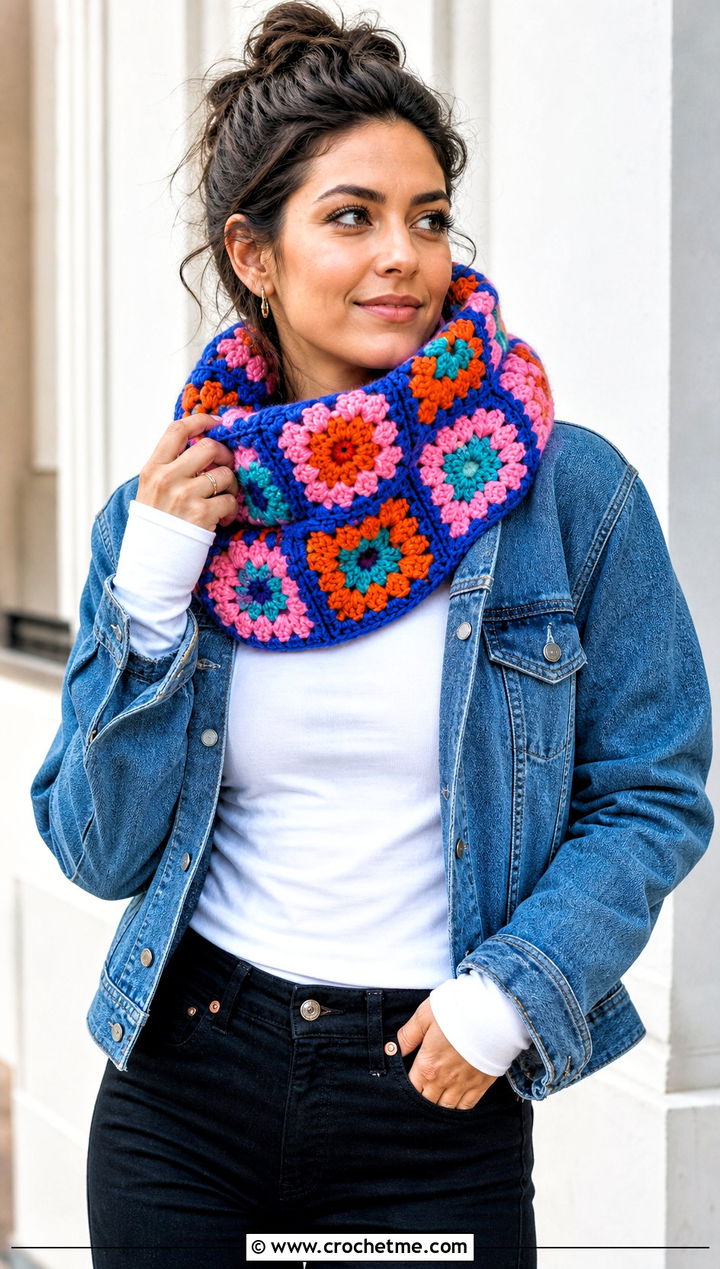 Granny Square Crochet Cowl With Denim Jacket And Black Pants - 35 crochet neck warmer cowls outfit ideas