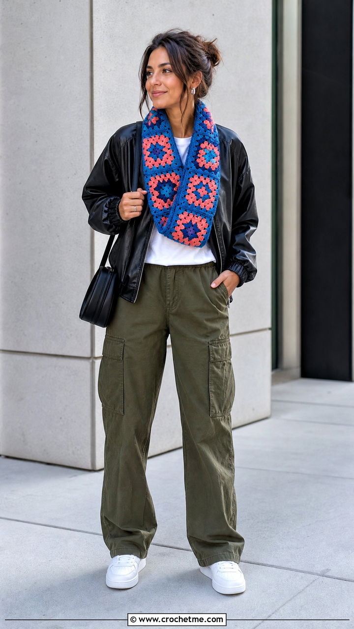 Granny Square Crochet Cowl With Leather Bomber Jacket - 35 crochet cowls outfit ideas