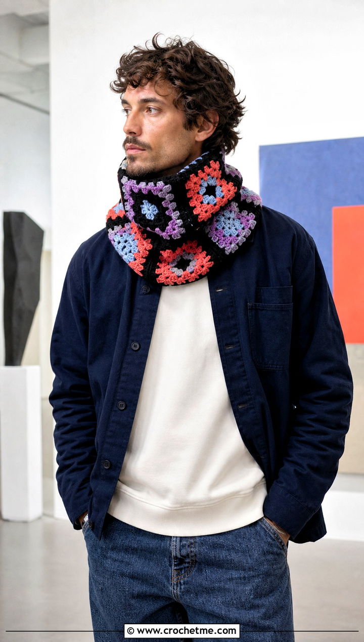 Granny Square Crochet Cowl With Overshirt - 30 crochet cowl for men outfit ideas