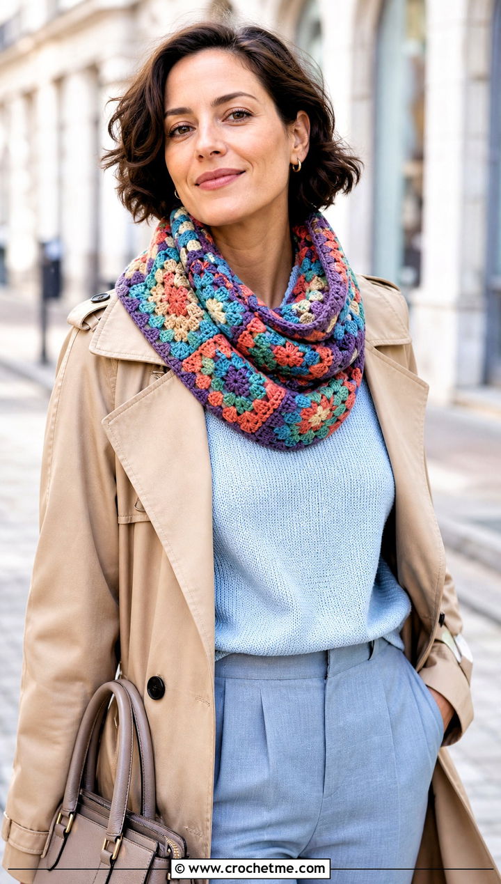 Granny Square Crochet Cowl With Trench Coat And Loafers - 15 Crochet For Cowl Scarf outfit ideas