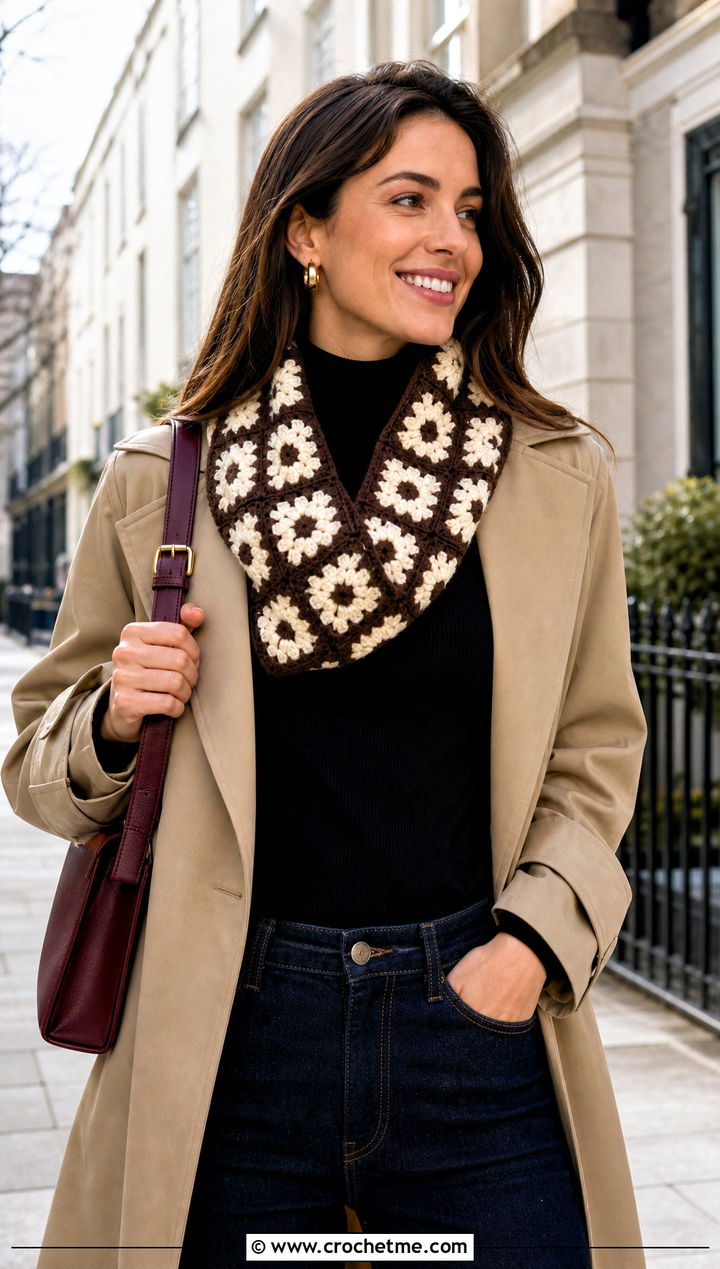 Granny Square Crochet Cowl With Trench Coat - 15 brown and white crochet cowl outfit ideas