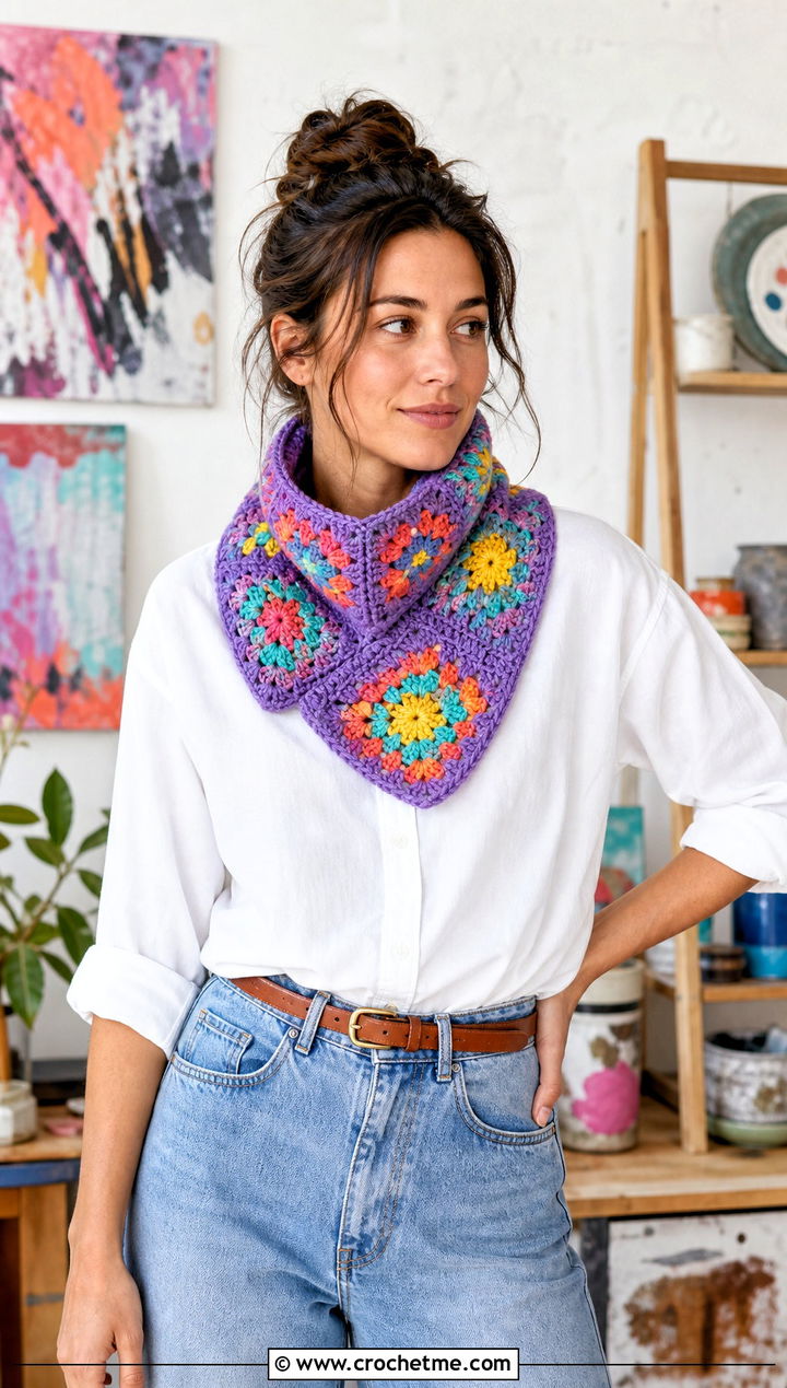 Granny Square Crochet Cowl With White Shirt - 20 Simple Crochet Cowl outfit ideas