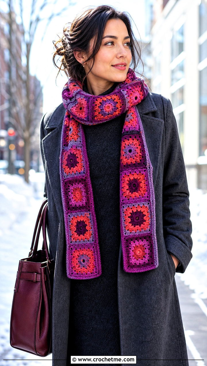Granny Square Crochet Crayon Scarf With Sweater Dress - 15 Crochet Crayon Scarf outfit ideas