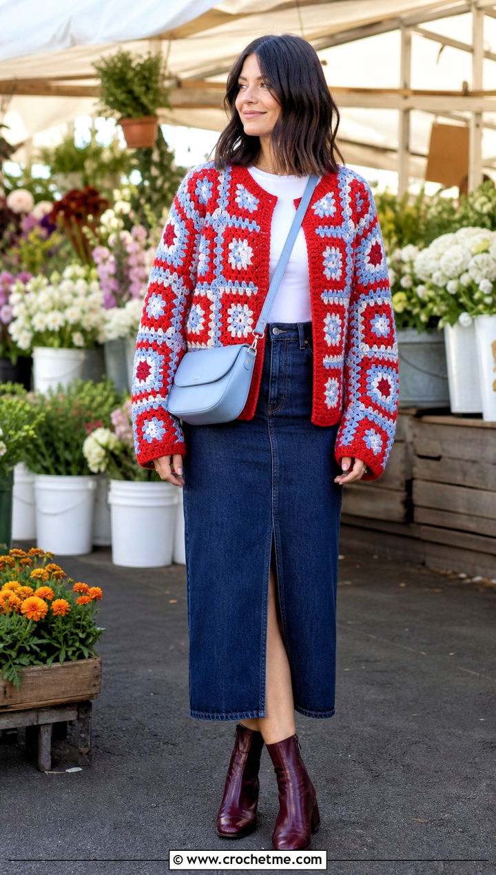 Granny Square Crochet Crew Neck Cardigan With Denim Skirt - 20 crochet crew neck cardigan outfit ideas