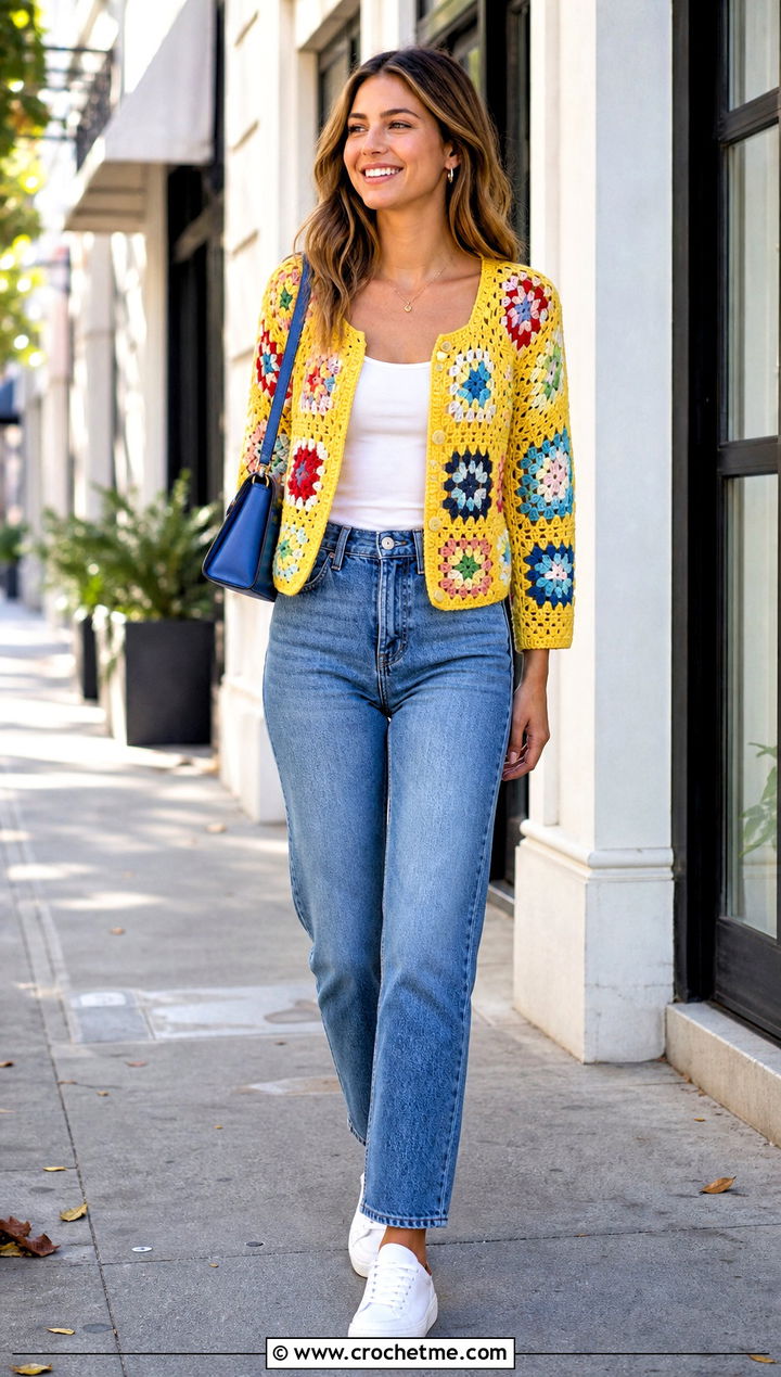 Granny Square Crochet Crop Cardigan With Straight Leg Jeans - 30 crochet crop cardigan outfit ideas