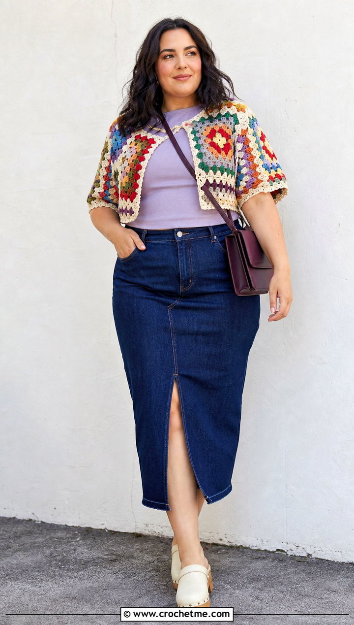 Granny Square Crochet Crop Shrug With Denim Skirt - 25 Crochet Crop Shrug outfit ideas