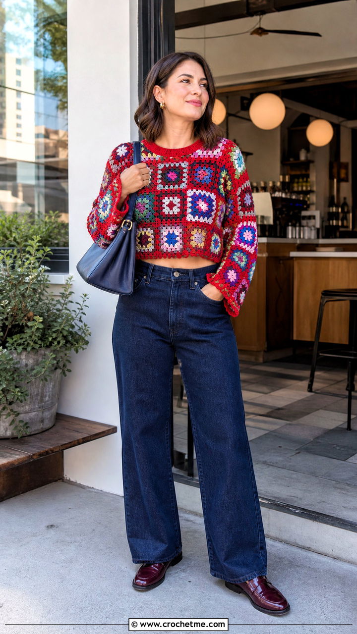 Granny Square Crochet Crop Sweater With Straight Leg Jeans - 35 crochet crop sweater outfit ideas